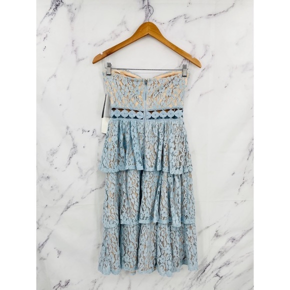 Ruffled Blue Lace Strapless Midi Dress - Picture 4 of 5